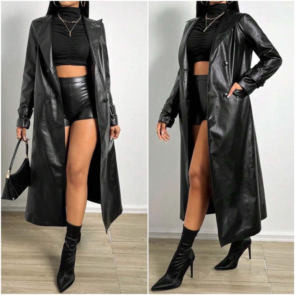 Luxe Vegan Leather Button up Trench Coat - Picture 2 of 5